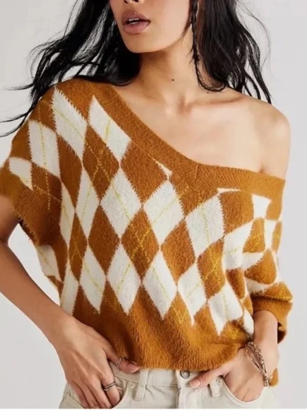 Free People Through the Motions Argyle Crop Short Sleeve Sweater Brown Size S